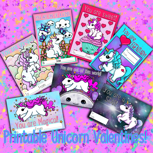 7 different unicorn designs by Artist Maigan Lynn, to be used as digital download printable valentines day class cards